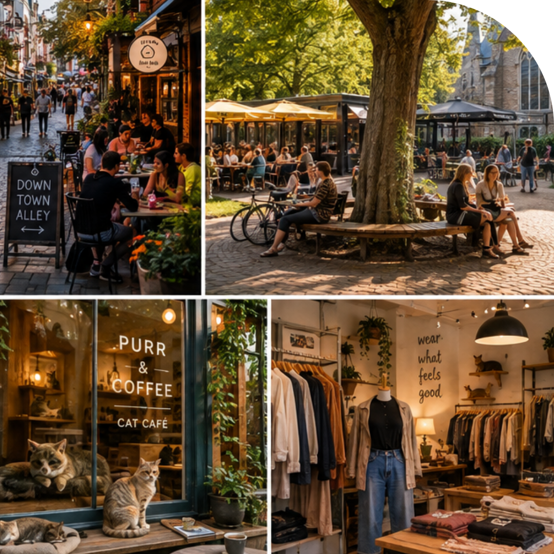A Marewick collage with Downtown Alley, a tree-lined terrace, a cat café and an independent clothing boutique.